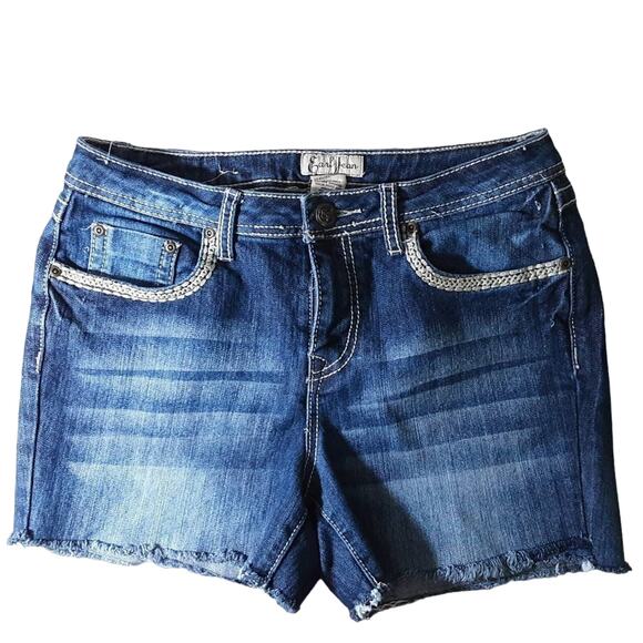 Earl Jean Blue Denim Shorts Size 10‎ Distressed Raw Hem Contrast Stitching - Picture 1 of 6
